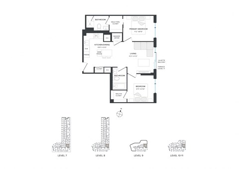 Floor plan for 2 beds, 2 baths, 721 sqft